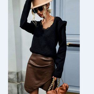 Lace Trim V-Neck Ribbed Trim Sweater
